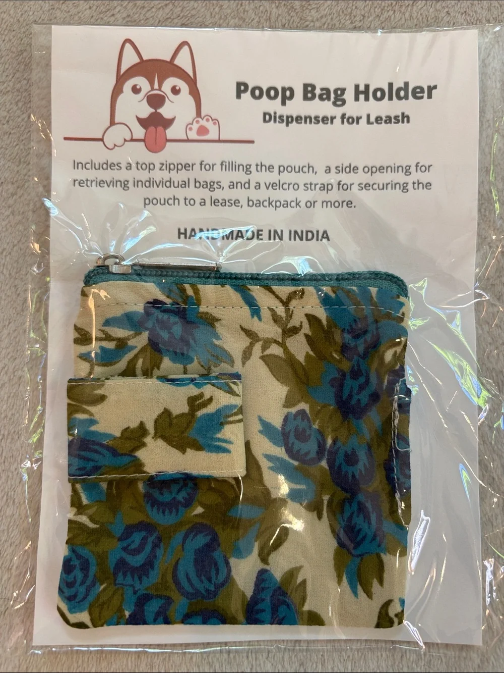 Handmade Poop Bag Holder Dispenser for Leash - Blue Floral